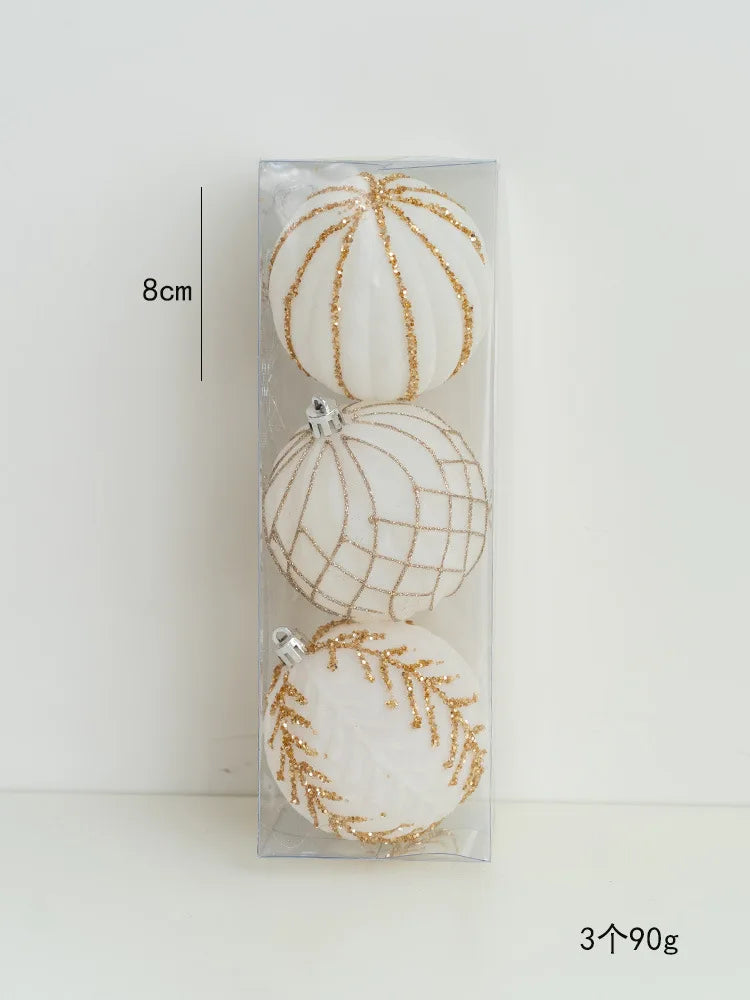 3pc 8cm white flocked Christmas Baubles