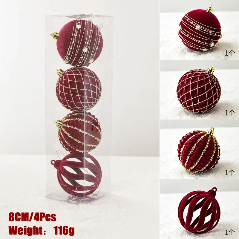 4 luxurious red velvet flocked pattern baubles