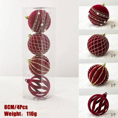 4 luxurious red velvet flocked pattern baubles