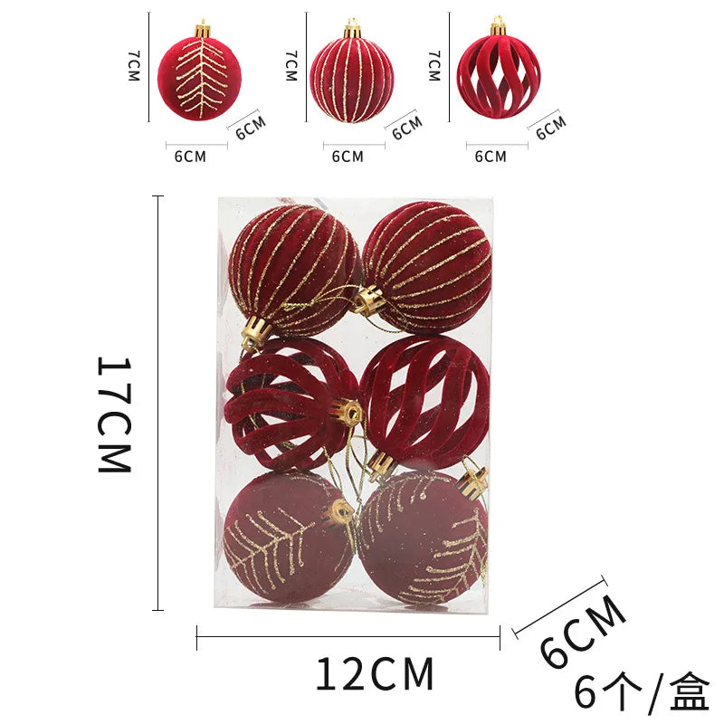 6 pc Red flocked 6 cm baubles