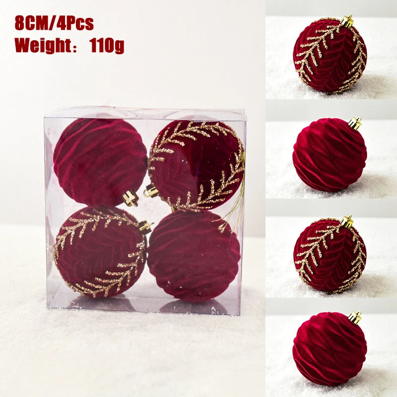 8cm 4pc red flocked Christmas Baubles