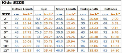 Kids Christmas Pajamas Measurements