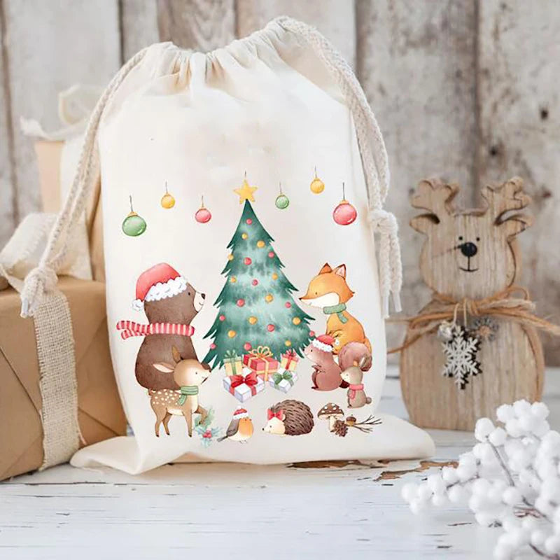 Kids Christmas linen gift bag reusable