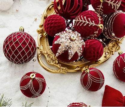 Red and gold flocked Christmas Baubles