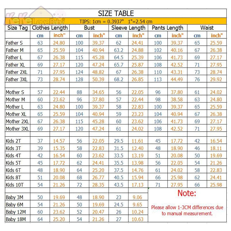 Reindeer Pajama Sizing Chart