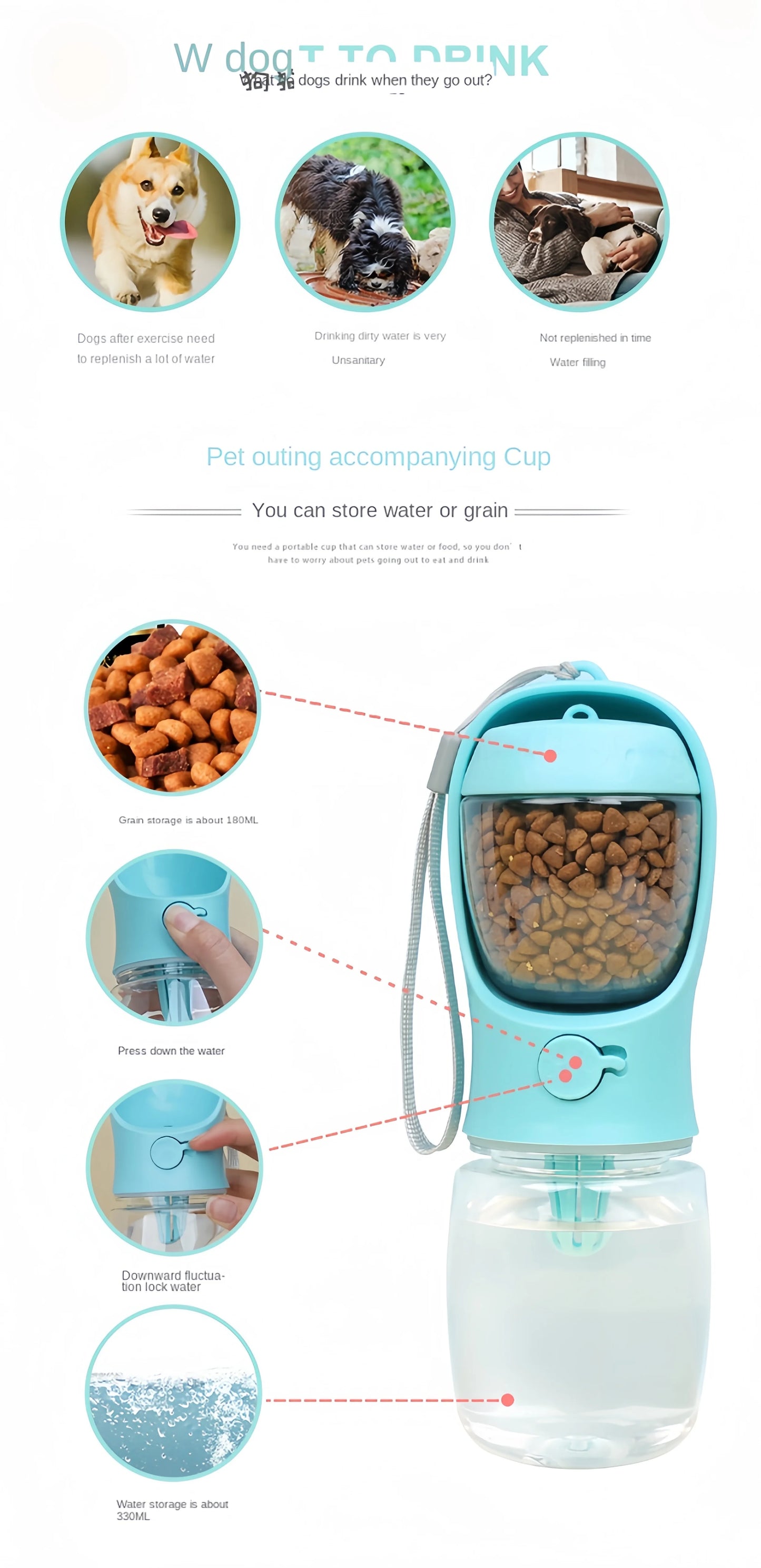 Portable Dog Cat Water Bottle with Food Storage