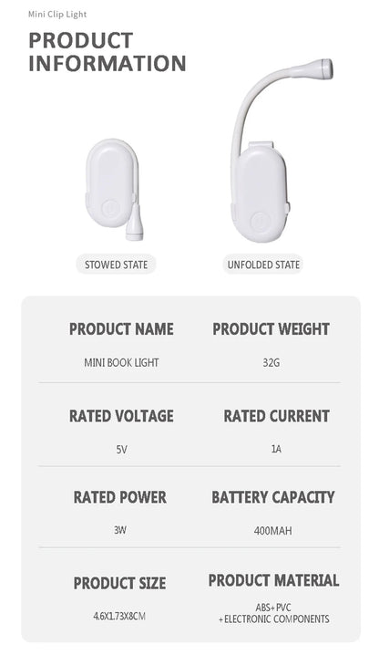 Portable LED Book Reading Lamp Lights USB Rechargeable