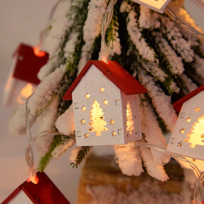 White Christmas Tree Wooden House Lights